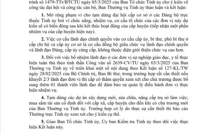 Kết luận của Ban Thường vụ Tỉnh uỷ về công tác đại hội và công tác cán bộ